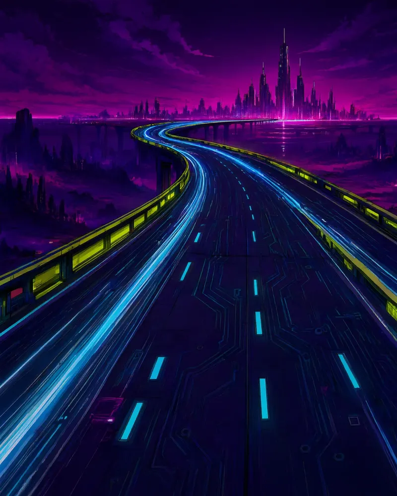 The elevated highway winding toward the spired city