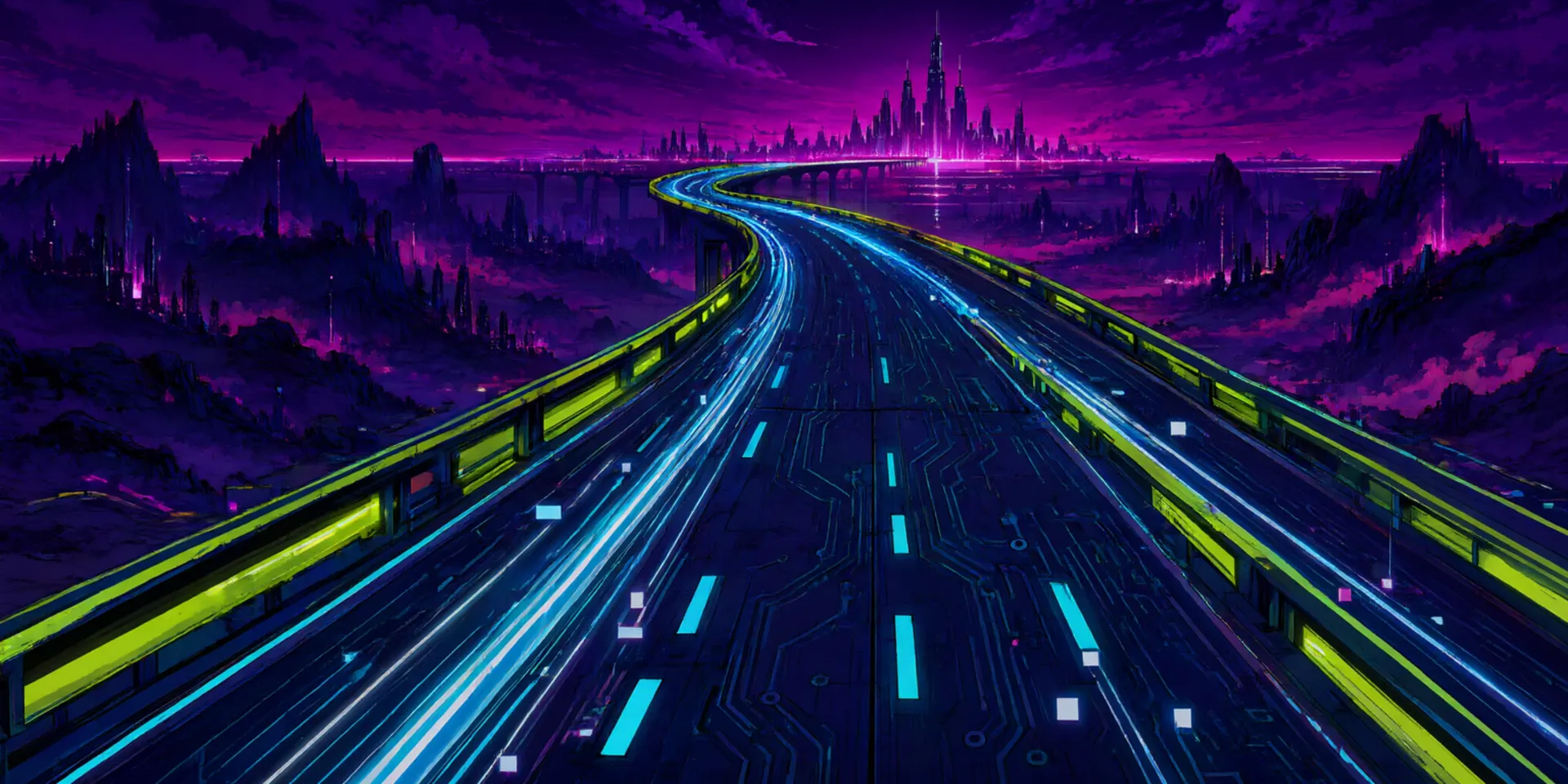 An elevated neon highway curving toward a spired city under a magenta sky